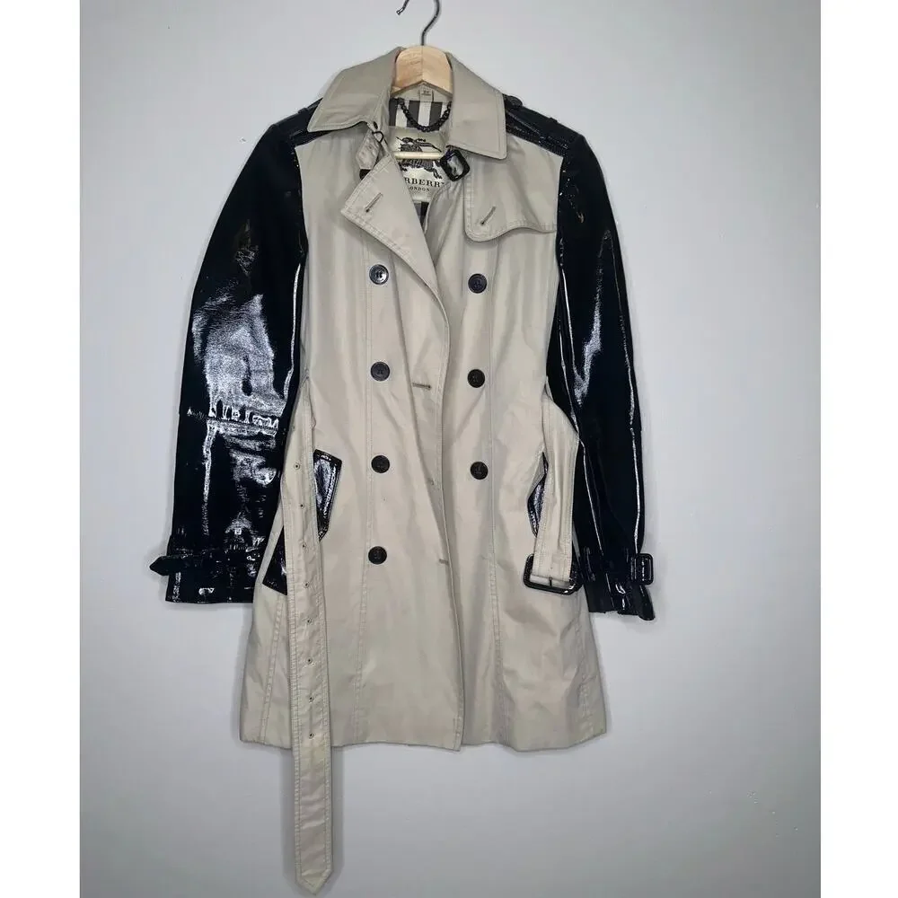 Burberry Patent Leather Sleeve Gabardine Trench Coat Black Tan US 4 - Picture 3 of 12